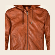 Close-up of the Northwick Cognac leather texture, front zipper and side pocket construction.