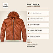 Northwick Cognac genuine leather hoodie infographic showing its confirmed construction features.