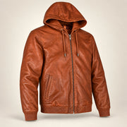 Northwick Cognac genuine leather zip hoodie, product-only three-quarter front view.