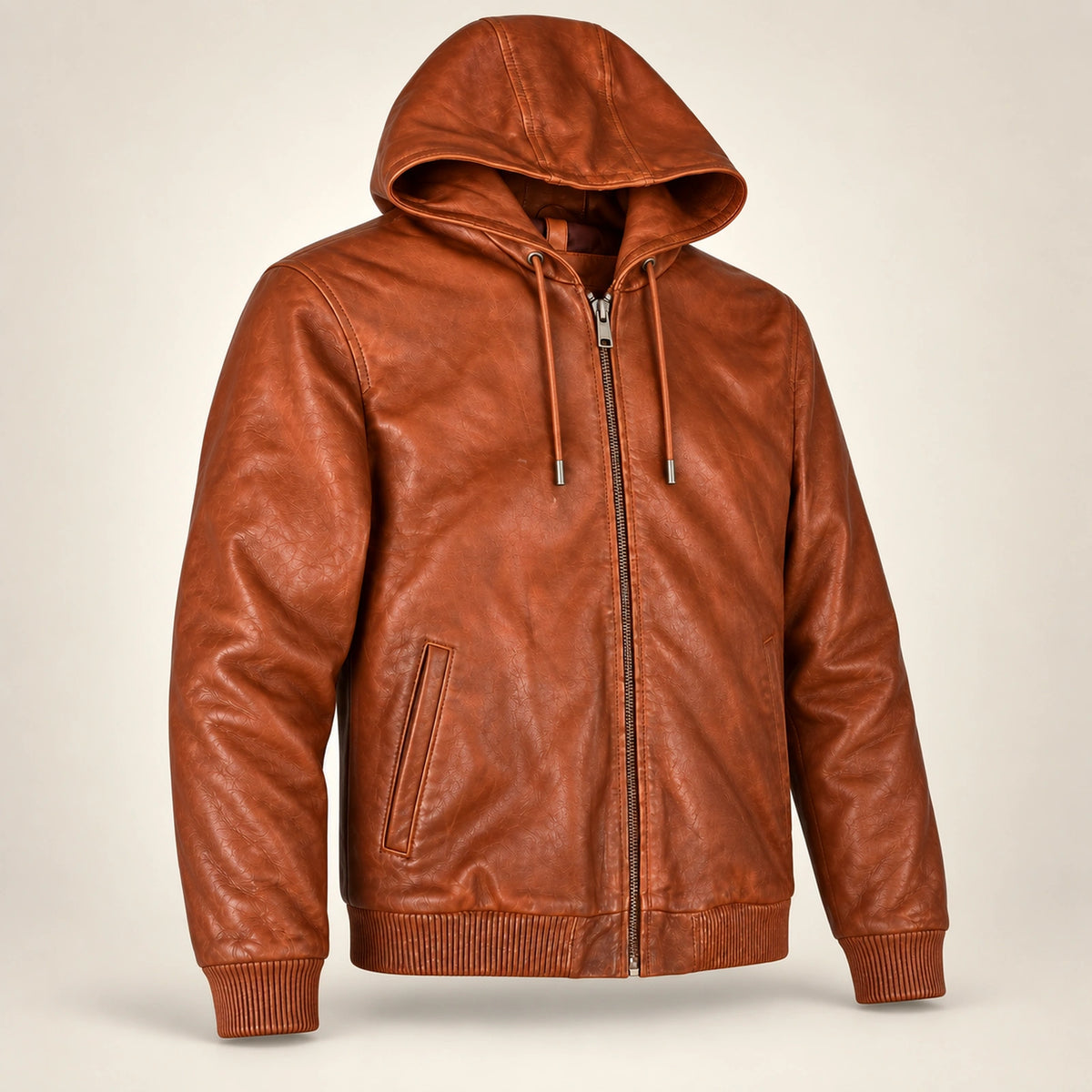 Northwick Cognac genuine leather zip hoodie, product-only three-quarter front view.