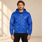 Male model wearing the Northwick Dark Blue genuine leather zip hoodie, front view.