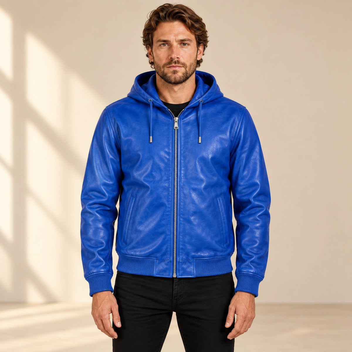 Male model wearing the Northwick Dark Blue genuine leather zip hoodie, front view.
