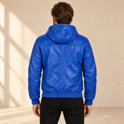 Male model wearing the Northwick Dark Blue genuine leather zip hoodie, back view.