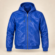 Northwick Dark Blue genuine leather zip hoodie, straight product-only front view.