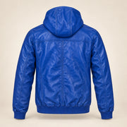 Northwick Dark Blue genuine leather zip hoodie, straight product-only back view.
