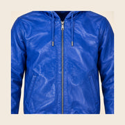 Close-up of the Northwick Dark Blue leather texture, front zipper and side pocket construction.