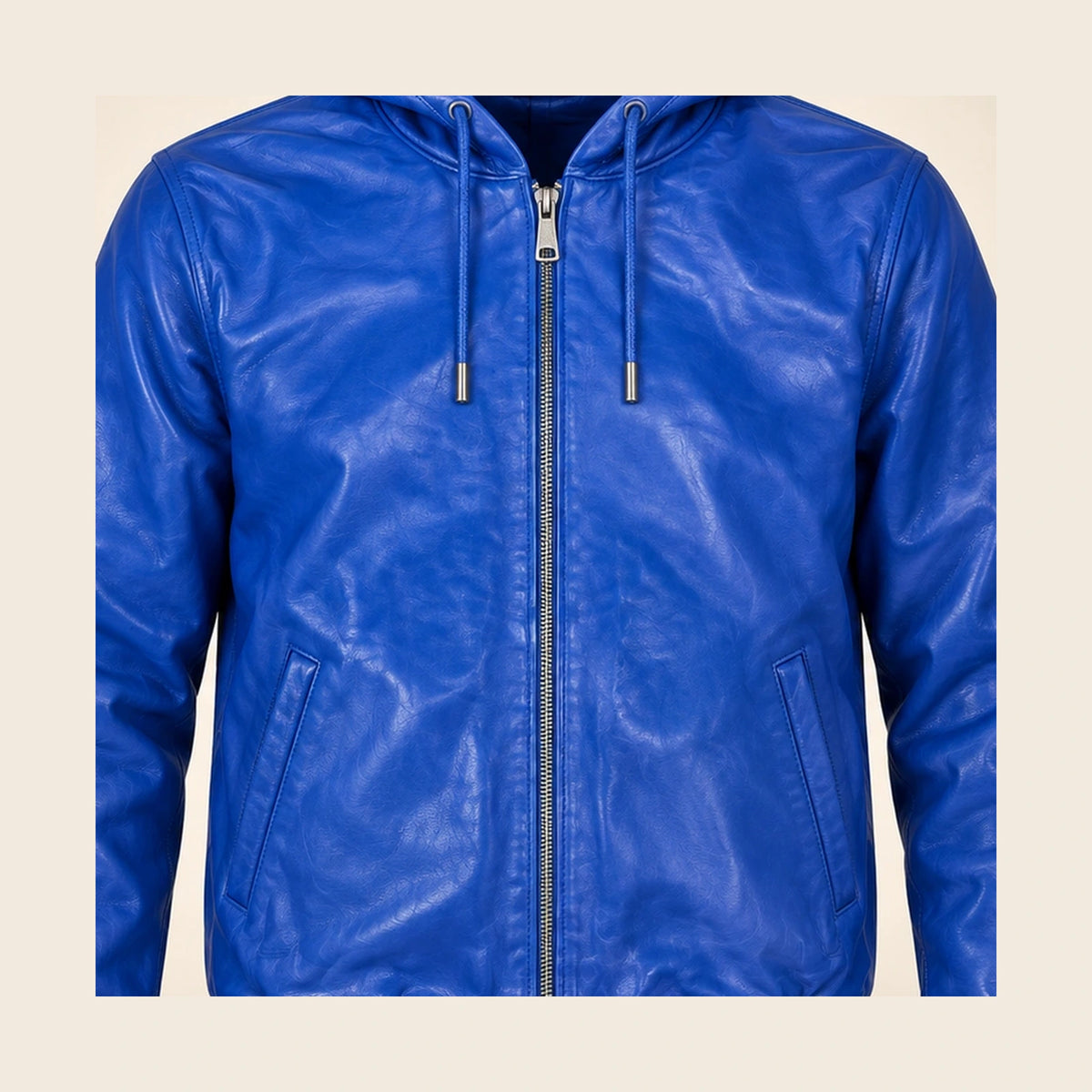 Close-up of the Northwick Dark Blue leather texture, front zipper and side pocket construction.