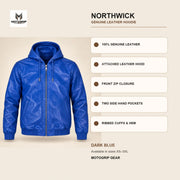 Northwick Dark Blue genuine leather hoodie infographic showing its confirmed construction features.