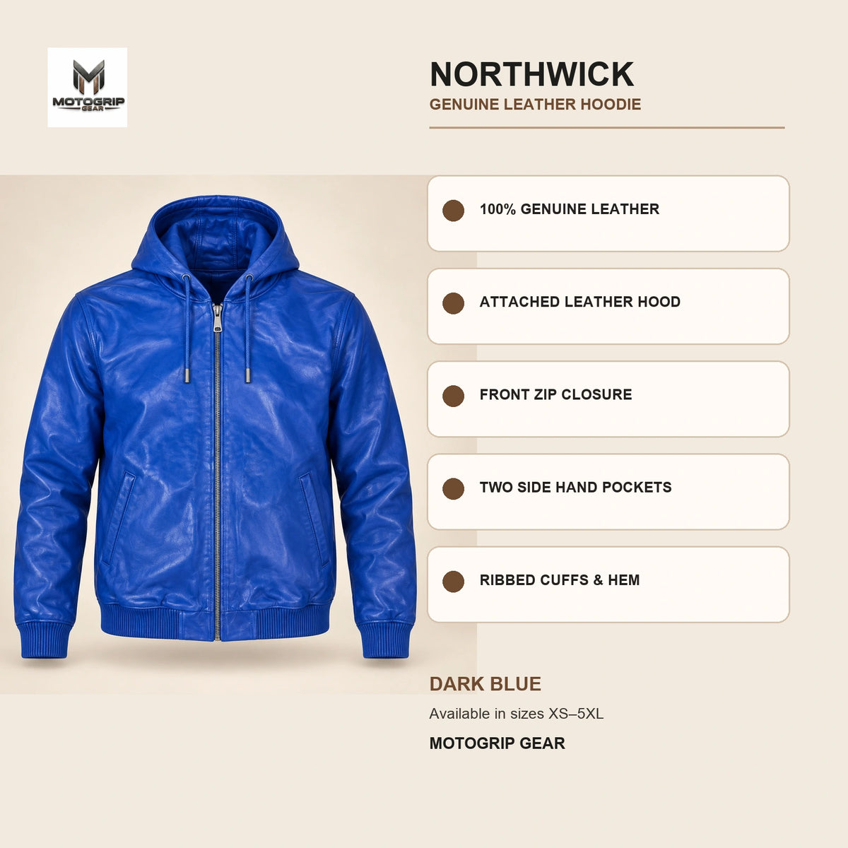 Northwick Dark Blue genuine leather hoodie infographic showing its confirmed construction features.
