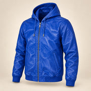 Northwick Dark Blue genuine leather zip hoodie, product-only three-quarter front view.