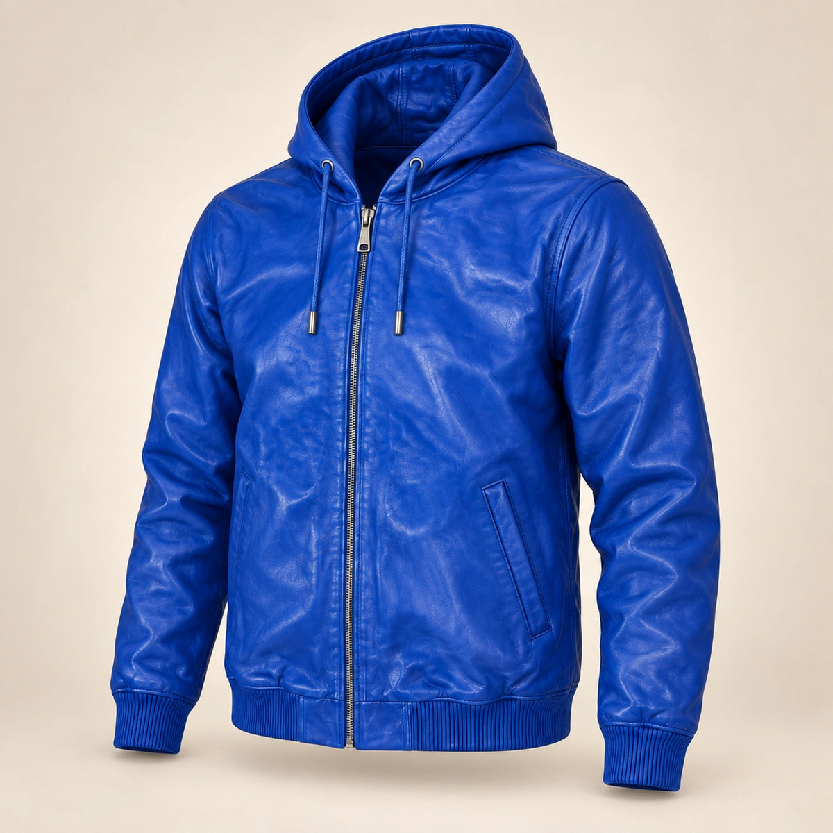 Northwick Dark Blue genuine leather zip hoodie, product-only three-quarter front view.