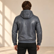 Male model wearing the Northwick Grey genuine leather zip hoodie, back view.