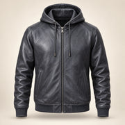 Northwick Grey genuine leather zip hoodie, straight product-only front view.