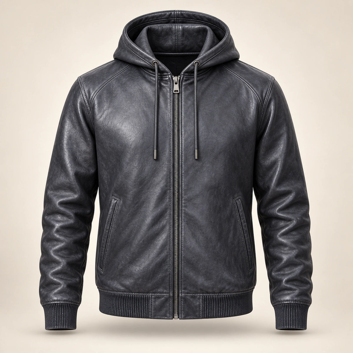 Northwick Grey genuine leather zip hoodie, straight product-only front view.