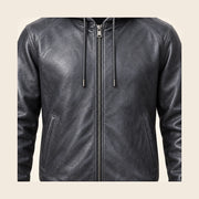 Close-up of the Northwick Grey leather texture, front zipper and side pocket construction.