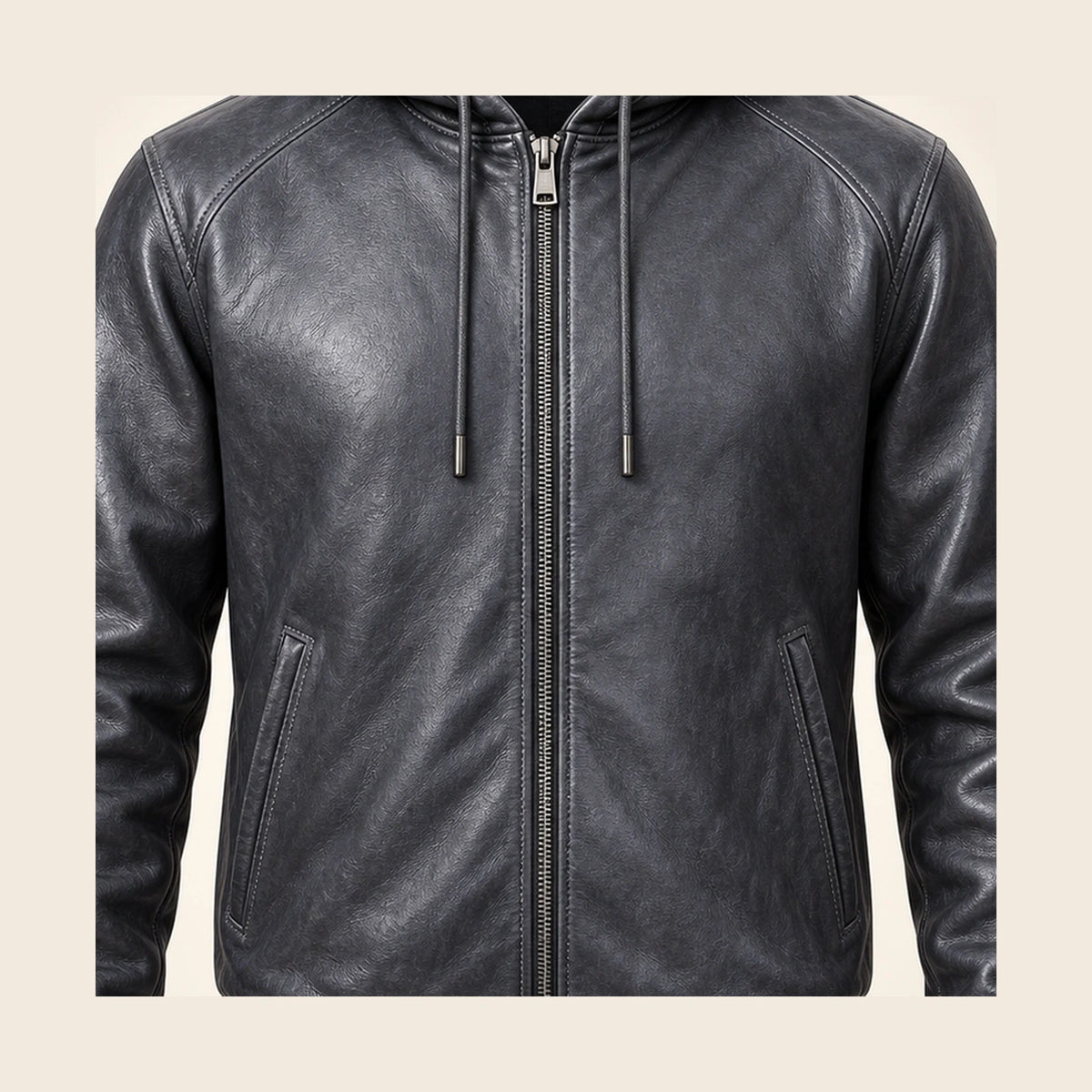 Close-up of the Northwick Grey leather texture, front zipper and side pocket construction.