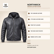 Northwick Grey genuine leather hoodie infographic showing its confirmed construction features.