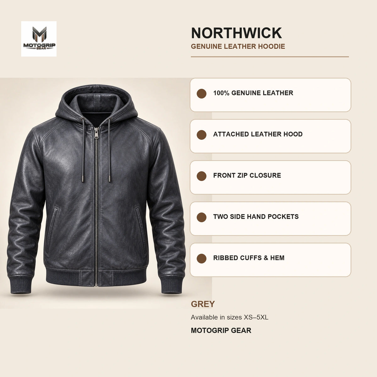 Northwick Grey genuine leather hoodie infographic showing its confirmed construction features.