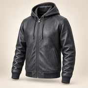 Northwick Grey genuine leather zip hoodie, product-only three-quarter front view.