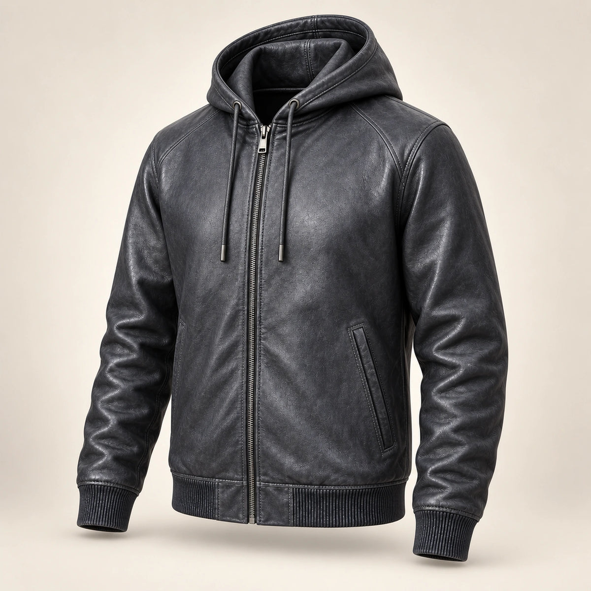 Northwick Grey genuine leather zip hoodie, product-only three-quarter front view.