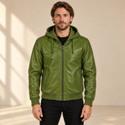 Male model wearing the Northwick Hunter Green genuine leather zip hoodie, front view.