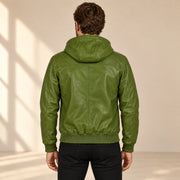Male model wearing the Northwick Hunter Green genuine leather zip hoodie, back view.