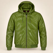Northwick Hunter Green genuine leather zip hoodie, straight product-only front view.