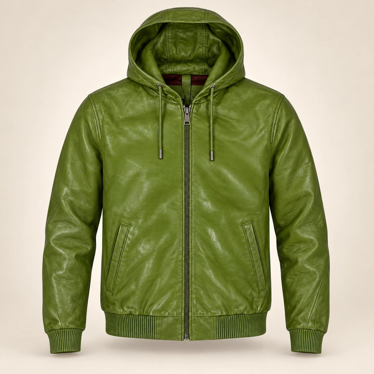 Northwick Hunter Green genuine leather zip hoodie, straight product-only front view.