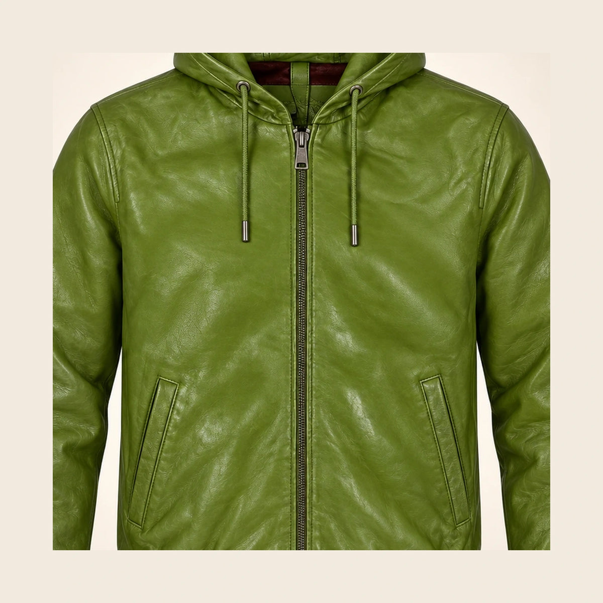Close-up of the Northwick Hunter Green leather texture, front zipper and side pocket construction.