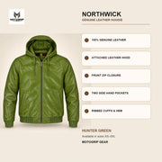 Northwick Hunter Green genuine leather hoodie infographic showing its confirmed construction features.