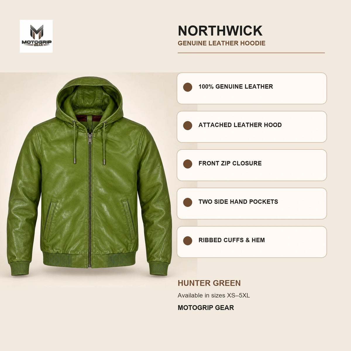Northwick Hunter Green genuine leather hoodie infographic showing its confirmed construction features.