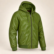 Northwick Hunter Green genuine leather zip hoodie, product-only three-quarter front view.