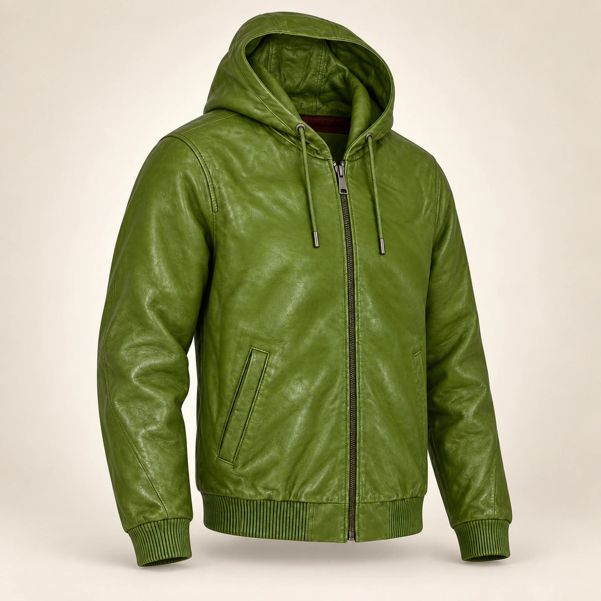 Northwick Hunter Green genuine leather zip hoodie, product-only three-quarter front view.