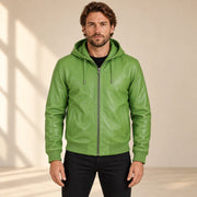 Male model wearing the Northwick Lime Green genuine leather zip hoodie, front view.