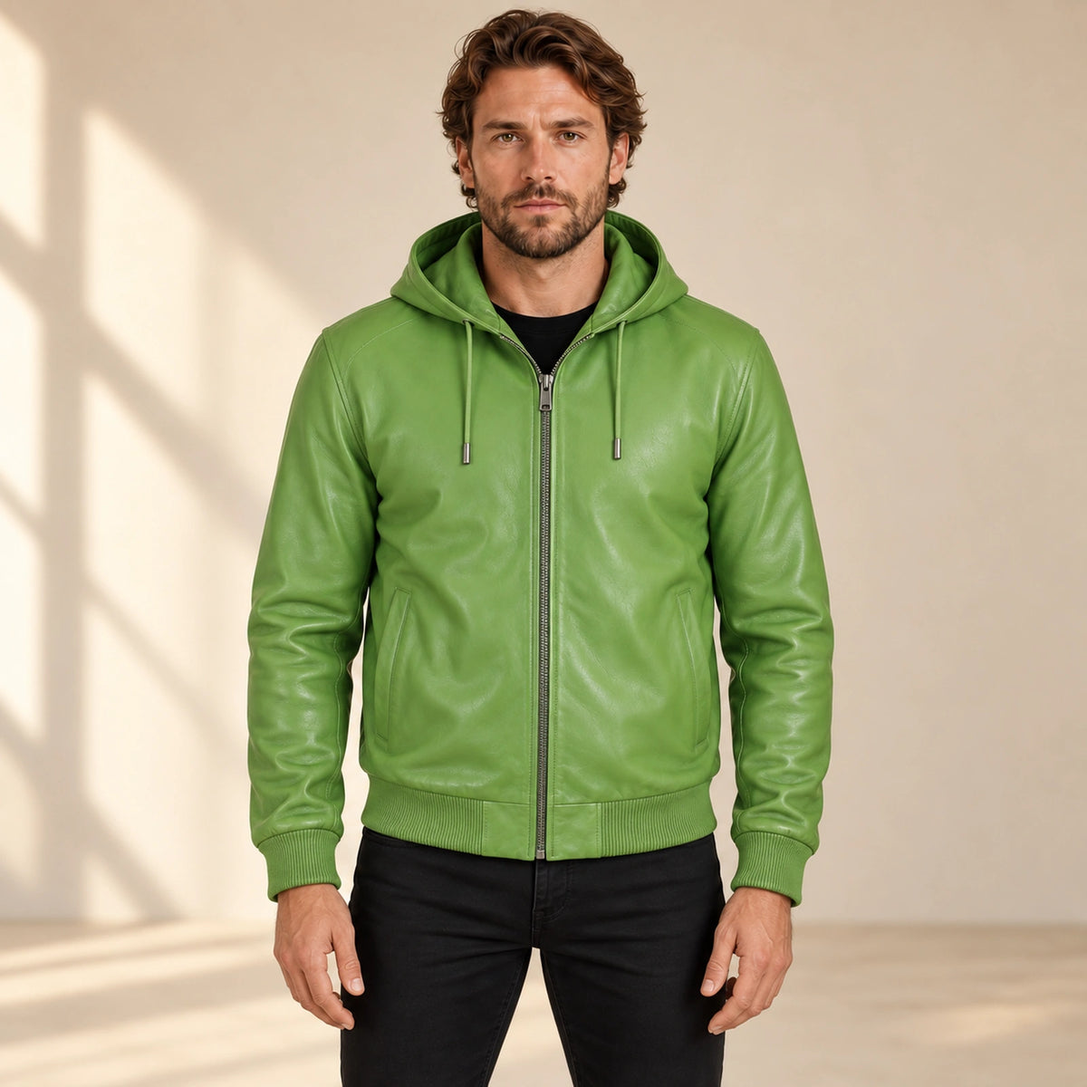 Male model wearing the Northwick Lime Green genuine leather zip hoodie, front view.