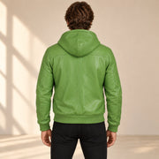Male model wearing the Northwick Lime Green genuine leather zip hoodie, back view.