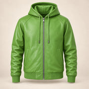 Northwick Lime Green genuine leather zip hoodie, straight product-only front view.