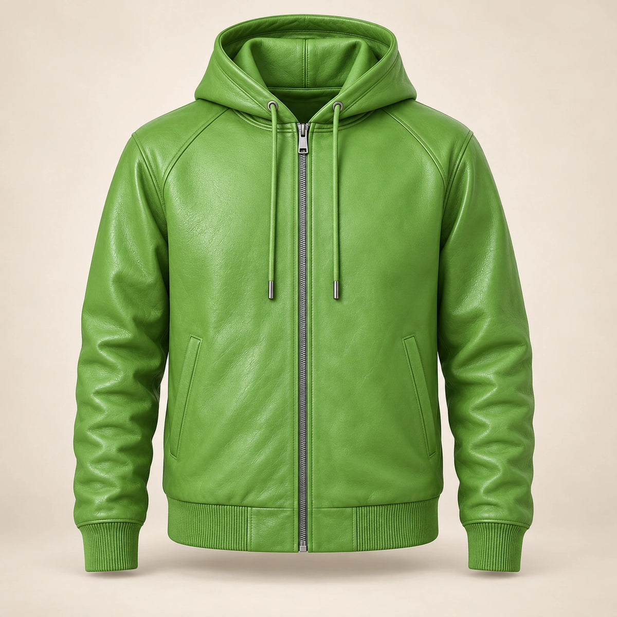 Northwick Lime Green genuine leather zip hoodie, straight product-only front view.