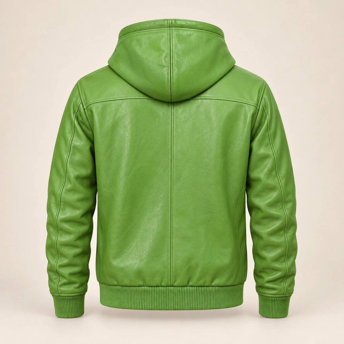 Northwick Lime Green genuine leather zip hoodie, straight product-only back view.