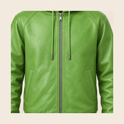 Close-up of the Northwick Lime Green leather texture, front zipper and side pocket construction.