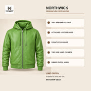 Northwick Lime Green genuine leather hoodie infographic showing its confirmed construction features.