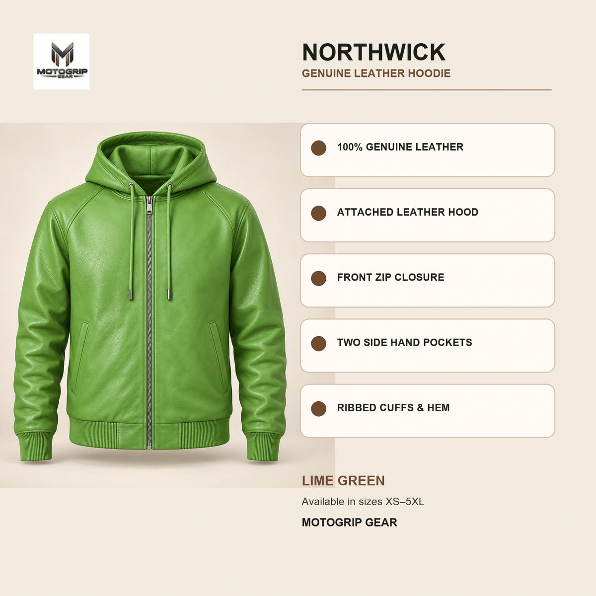 Northwick Lime Green genuine leather hoodie infographic showing its confirmed construction features.