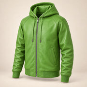 Northwick Lime Green genuine leather zip hoodie, product-only three-quarter front view.