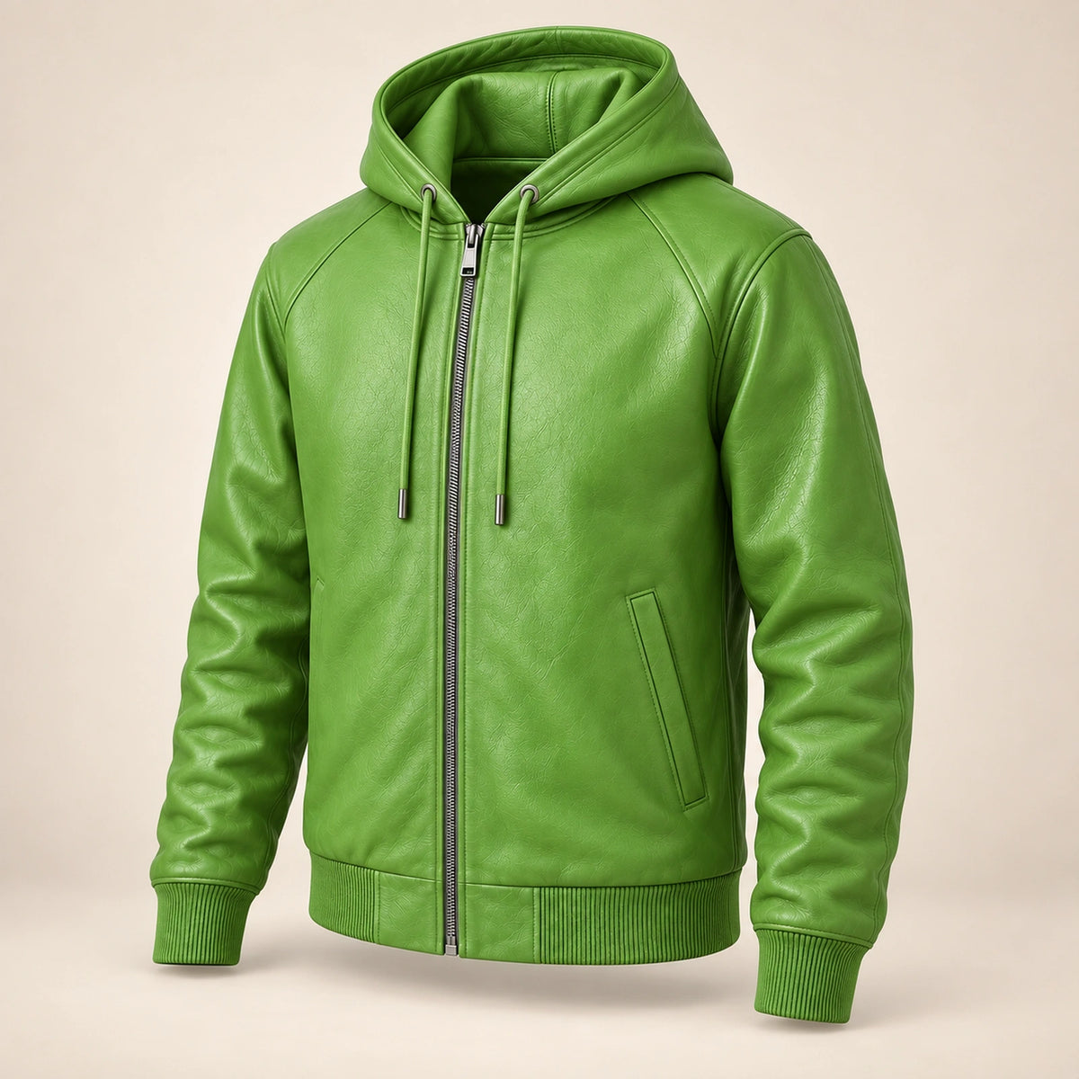 Northwick Lime Green genuine leather zip hoodie, product-only three-quarter front view.