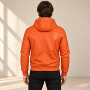 Male model wearing the Northwick Orange genuine leather zip hoodie, back view.