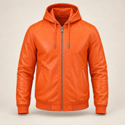 Northwick Orange genuine leather zip hoodie, straight product-only front view.