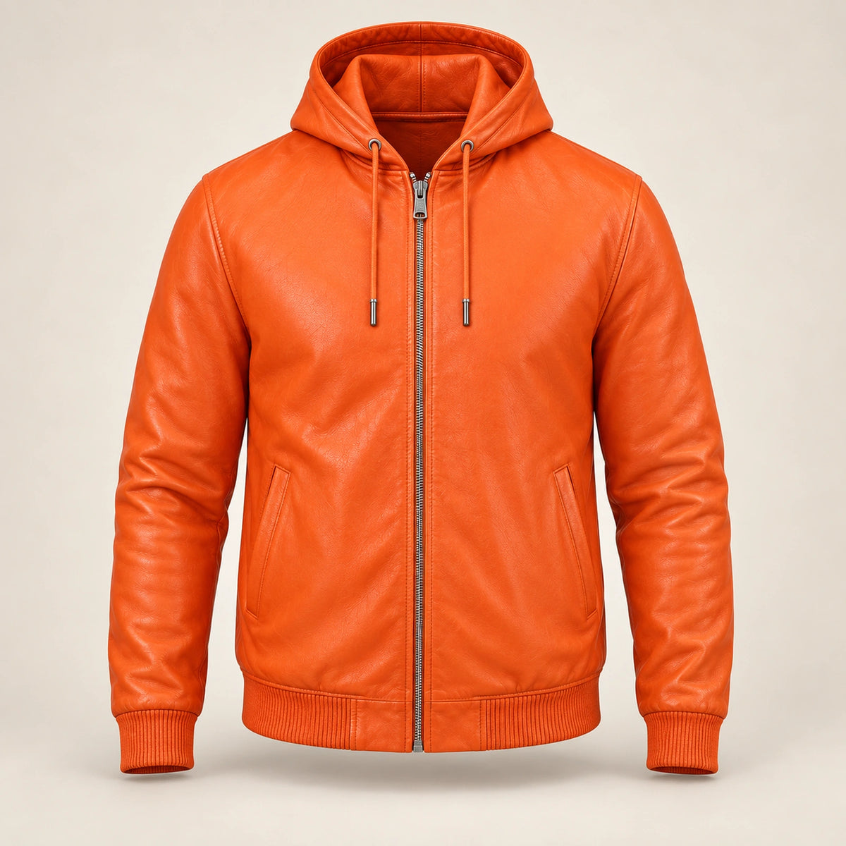 Northwick Orange genuine leather zip hoodie, straight product-only front view.