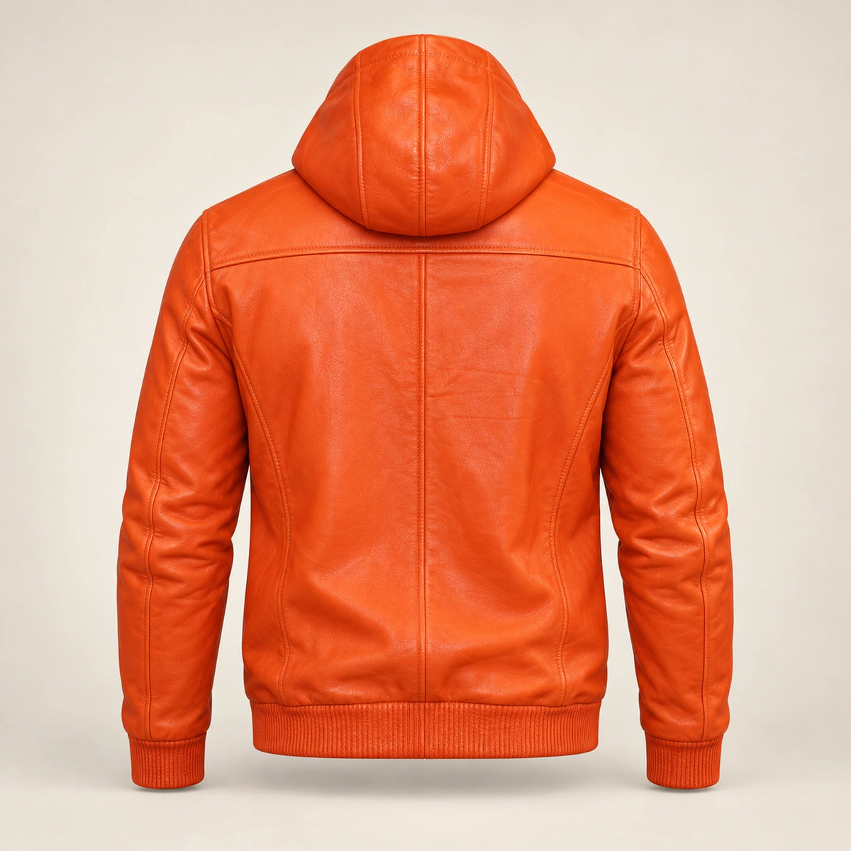 Northwick Orange genuine leather zip hoodie, straight product-only back view.