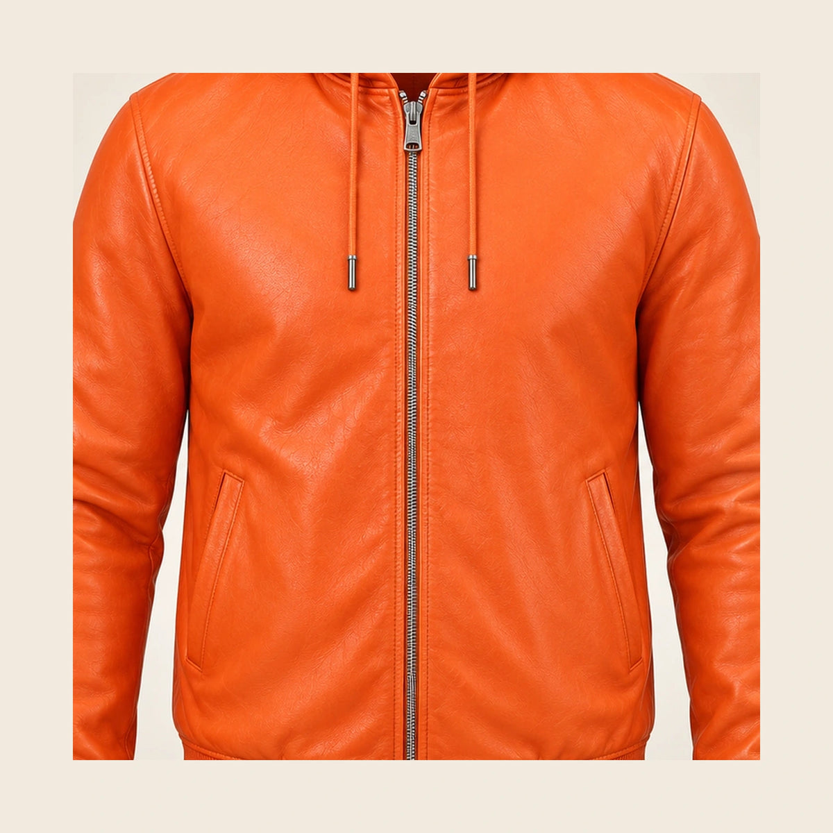 Close-up of the Northwick Orange leather texture, front zipper and side pocket construction.