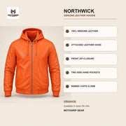 Northwick Orange genuine leather hoodie infographic showing its confirmed construction features.